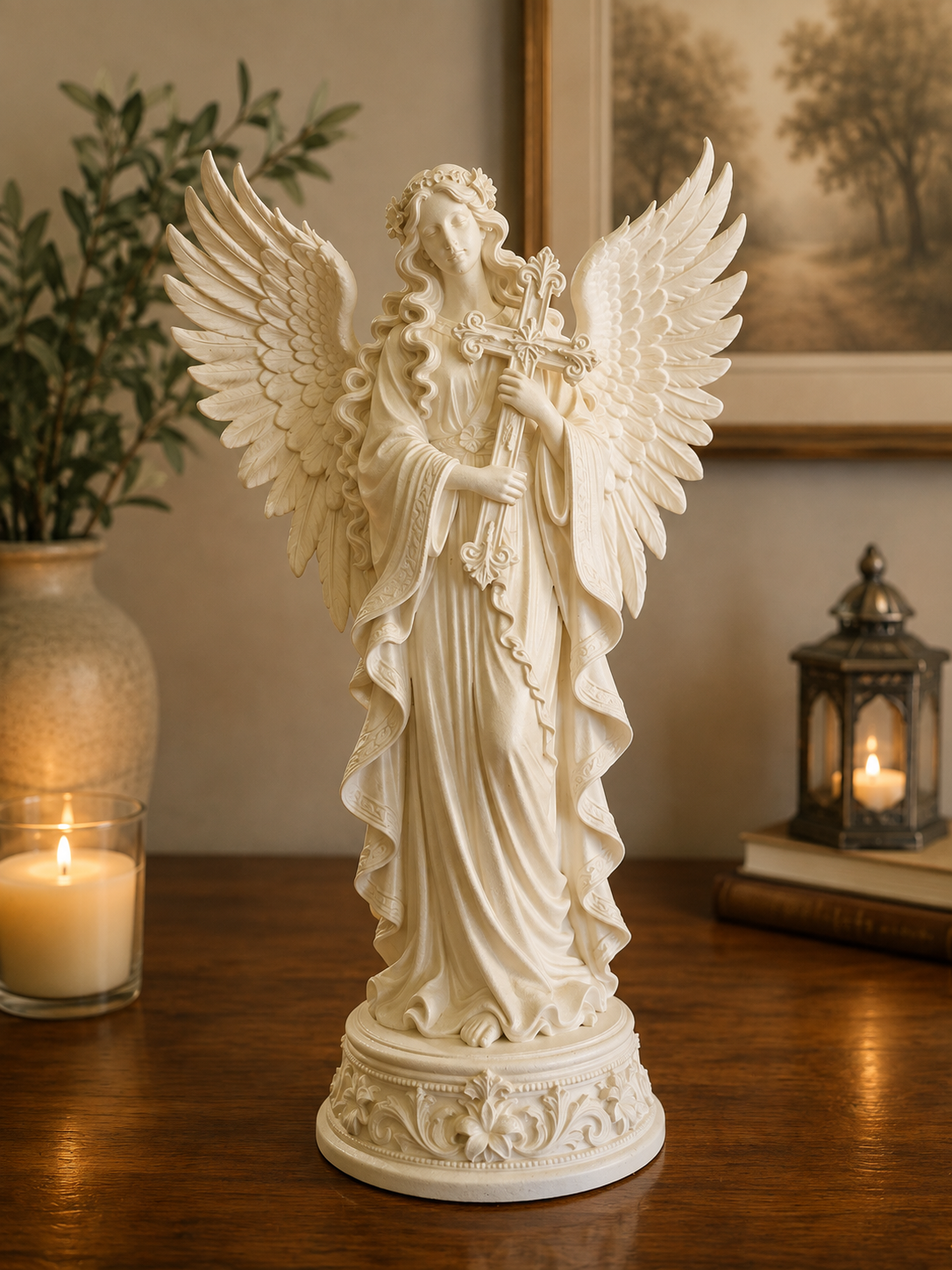 25cm Angel Holding Cross