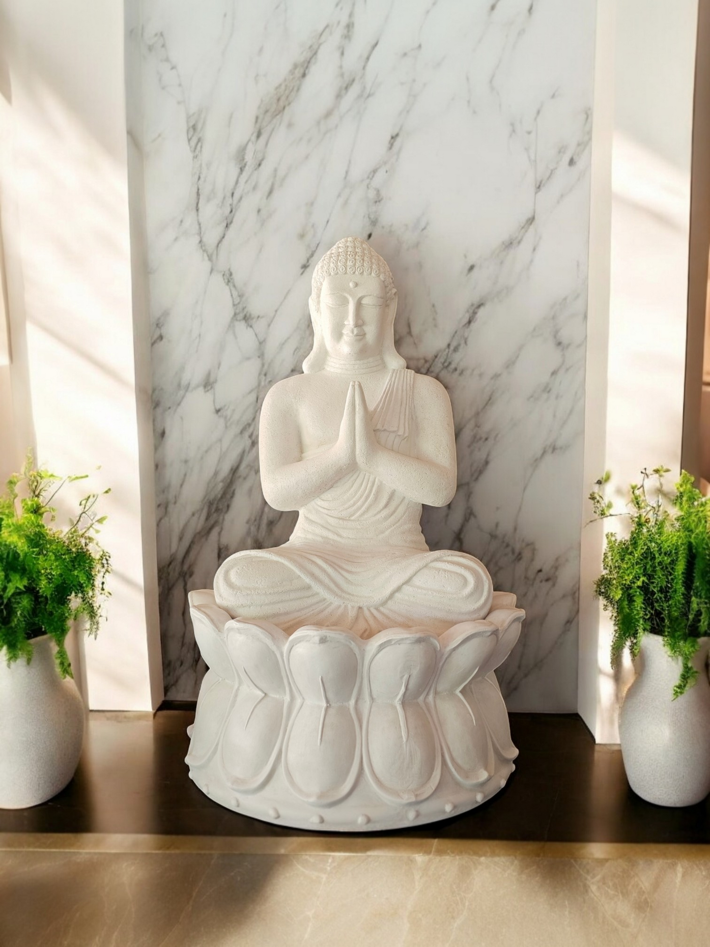 Resin 60cm Praying Buddha + Lotus Bowl (Not A Waterfeature) - Whitewash Only