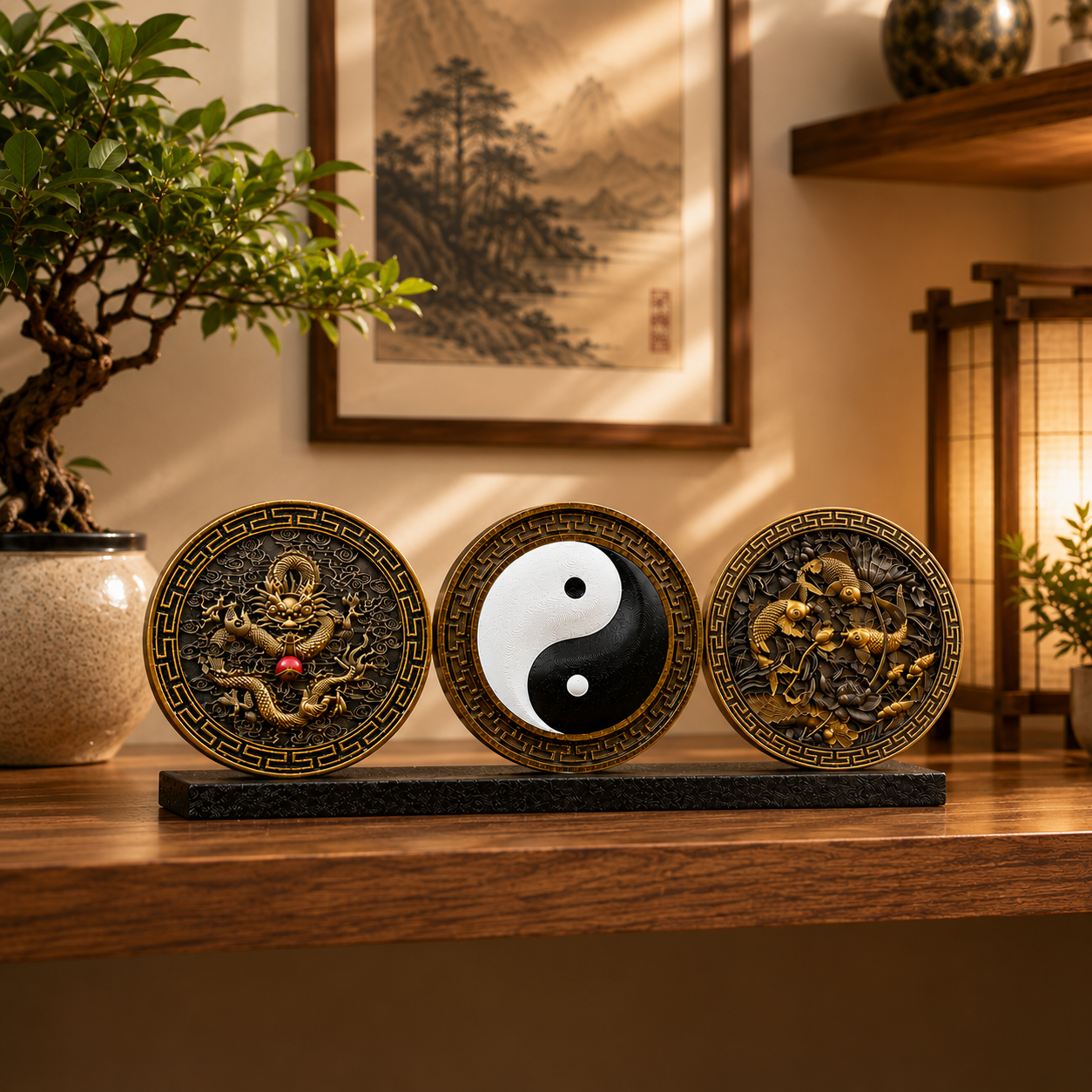Dragon , Jumping Fish & Yin and Yang On Stand