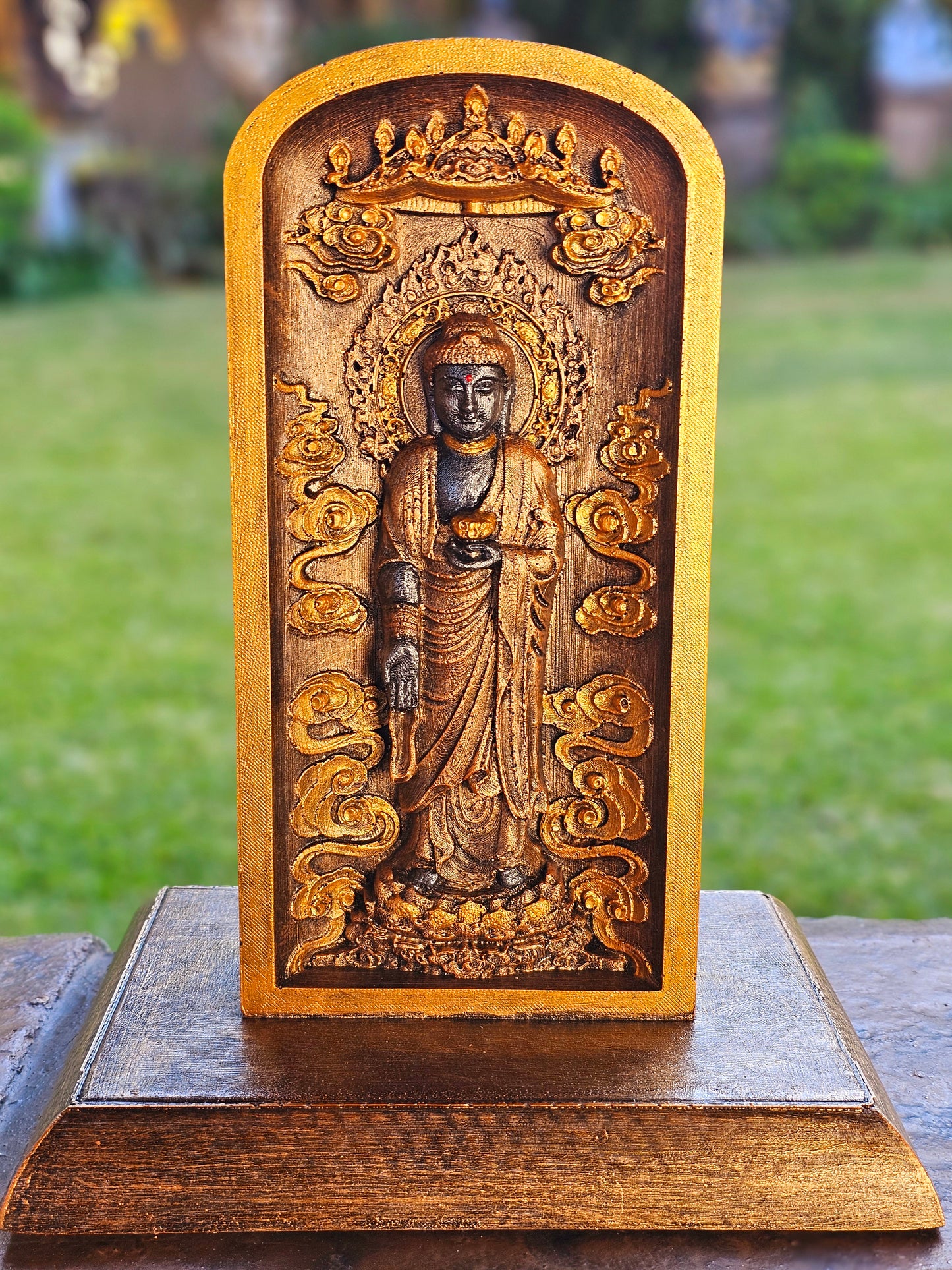 Standing Buddha Plaque On Stand 33cm