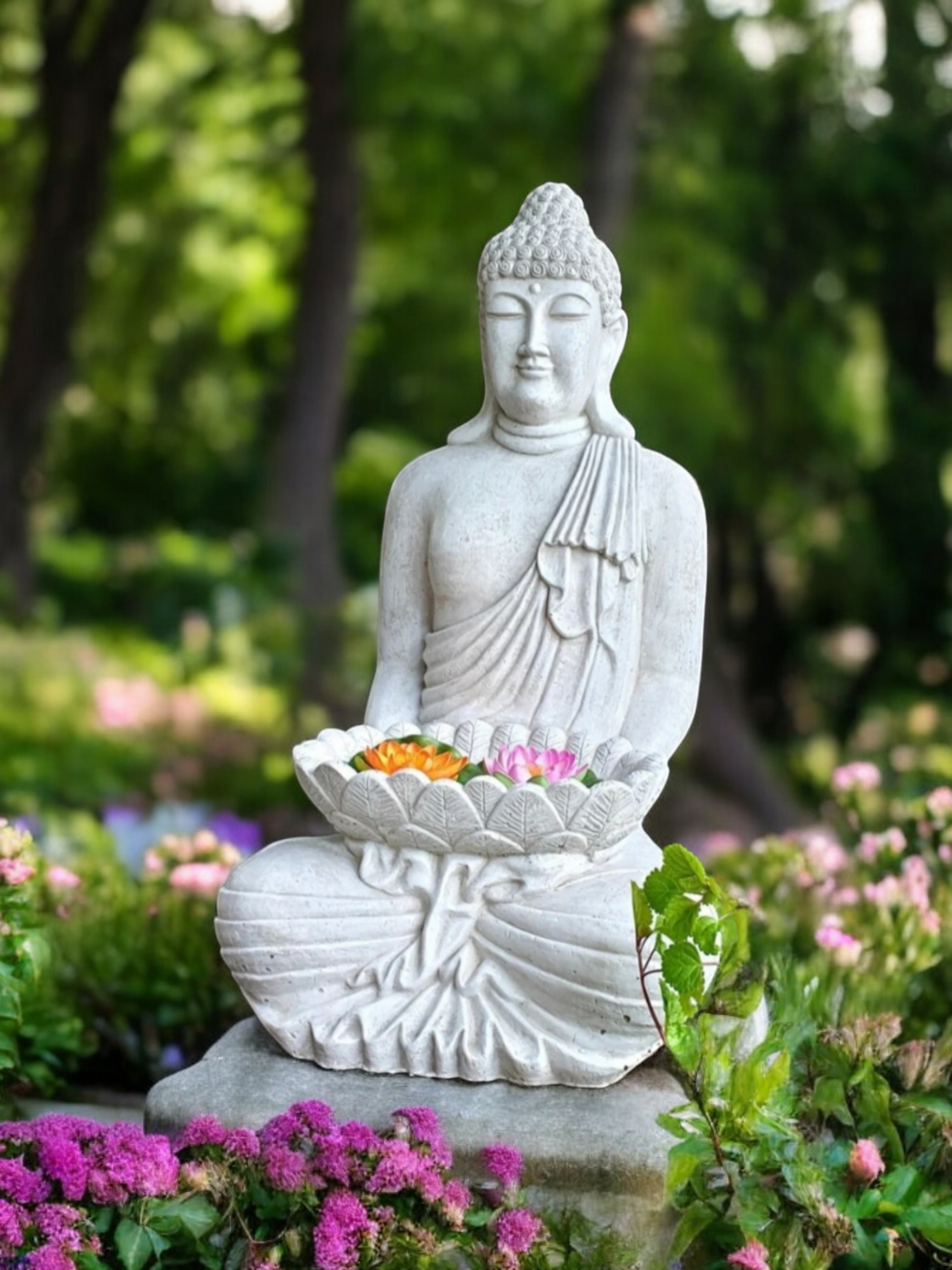 Concrete 90cm Buddha Holding Lotus Bowl