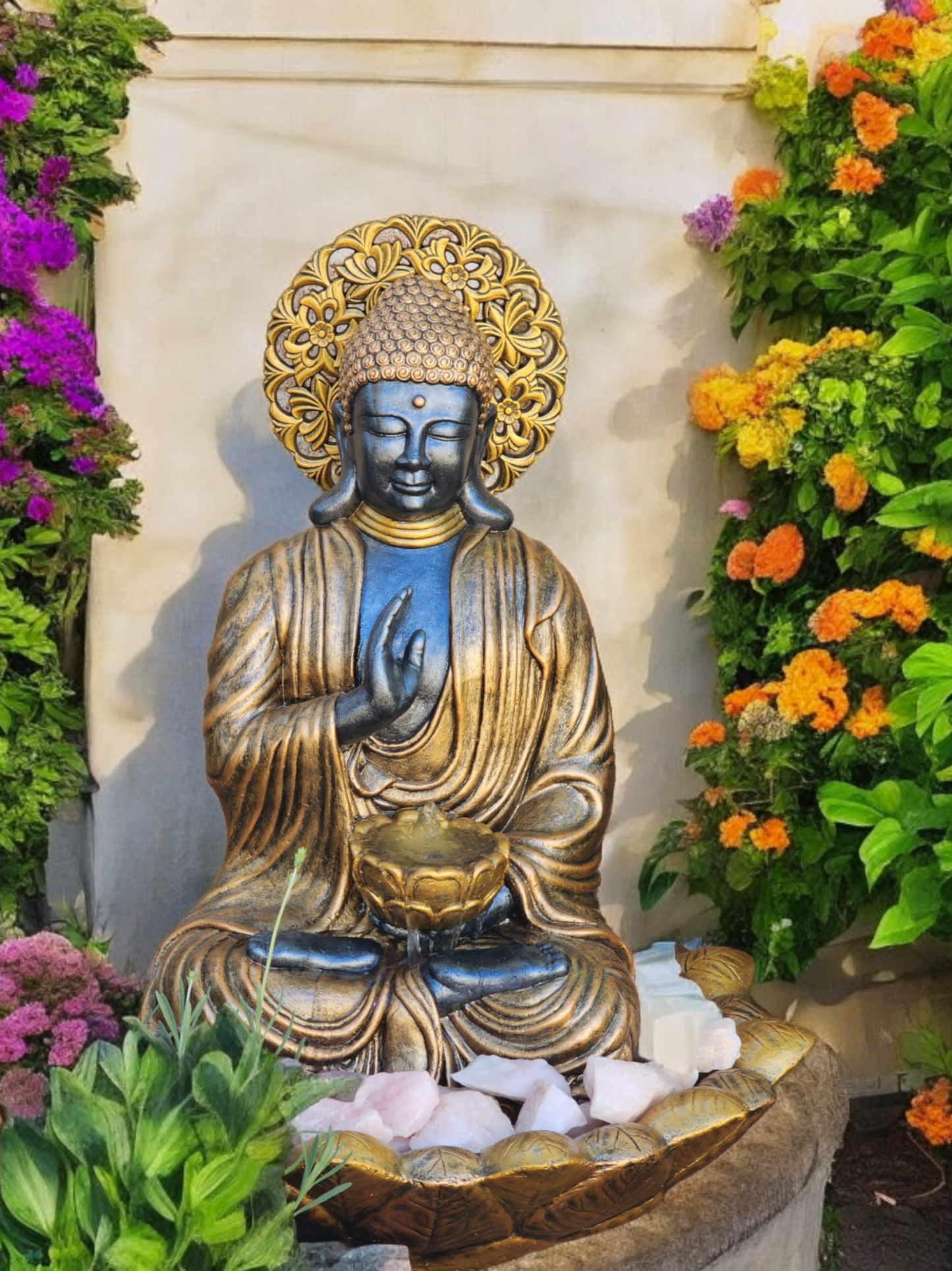 Concrete 73cm Blessing Buddha + Aura Water Feature