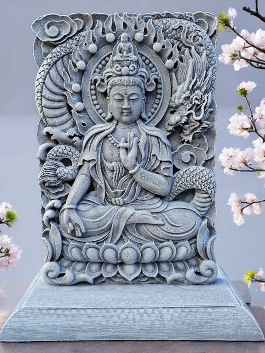 Guanyin and Dragon Plaque On Stand 32cm