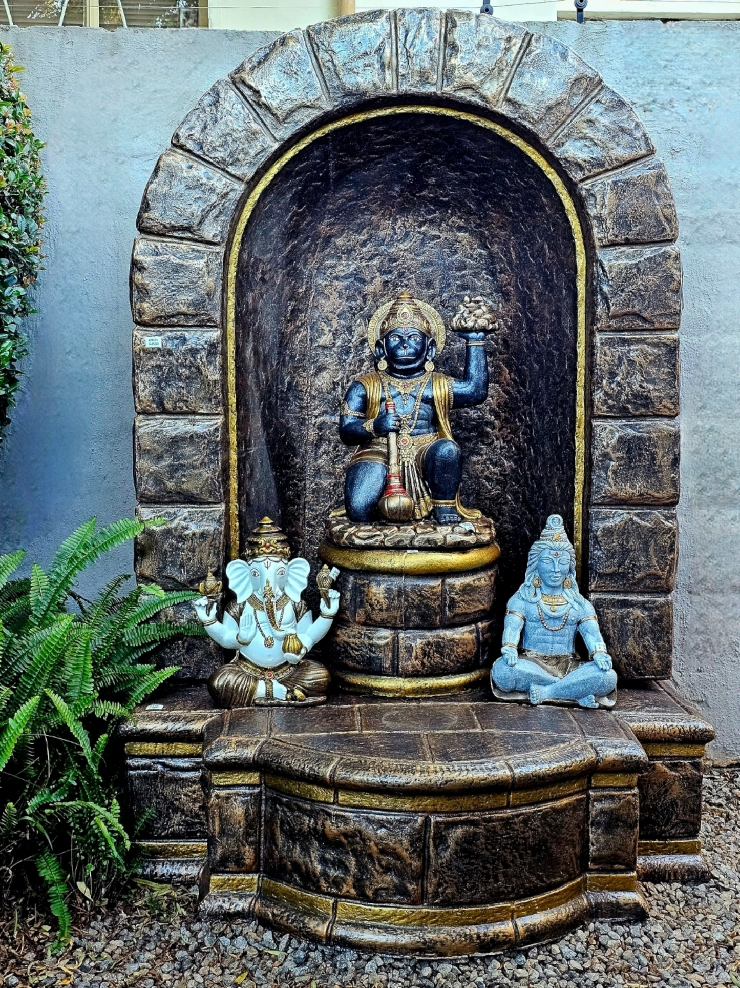 Arch and Base with a Concrete 62cm Hanuman , 42cm Ganesha , 42cm Shiva , Small Round Pillar