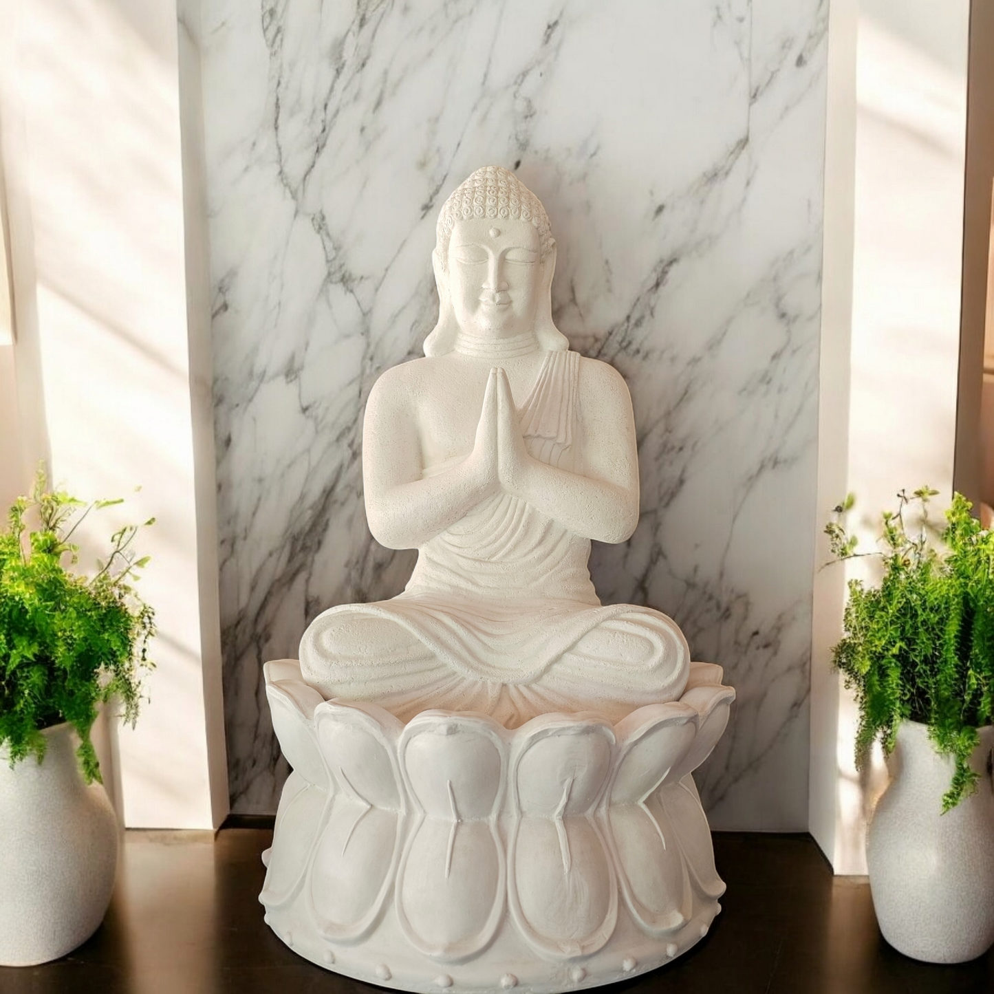 Resin 60cm Praying Buddha + Lotus Bowl (Not A Waterfeature) - Whitewash Only