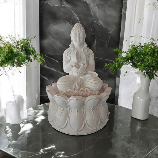 Resin 54cm Blessing Buddha Waterfeature - Only Available in Whitewash. Perfect for Indoors