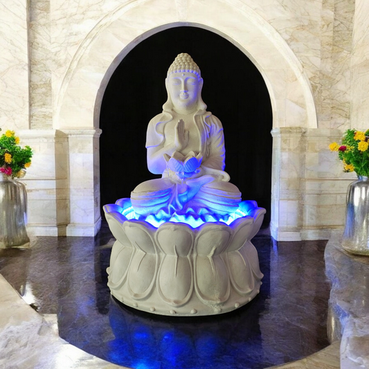 Resin 54cm Blessing Buddha Waterfeature - Only Available in Whitewash. Perfect for Indoors With Led Lights