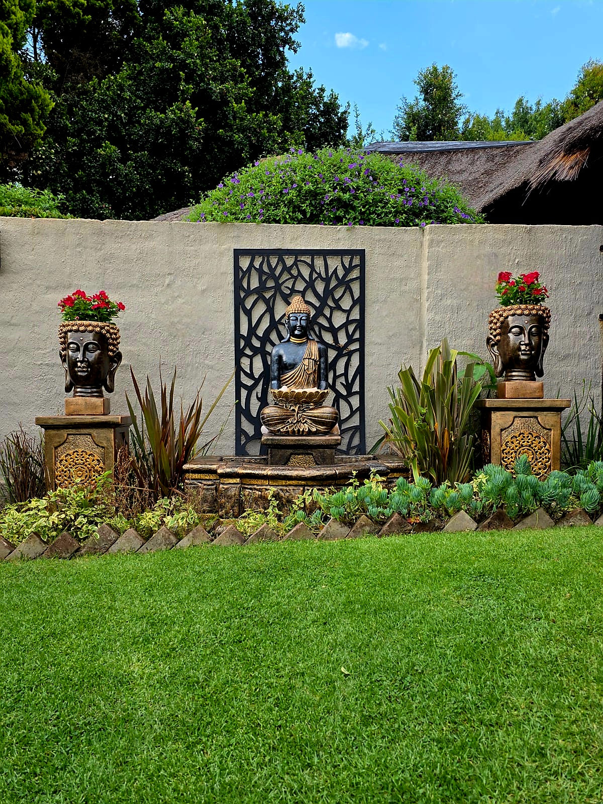 Concrete 90cm Buddha with Pond Water Feature + 70cm Pillars + Buddha Head Planters