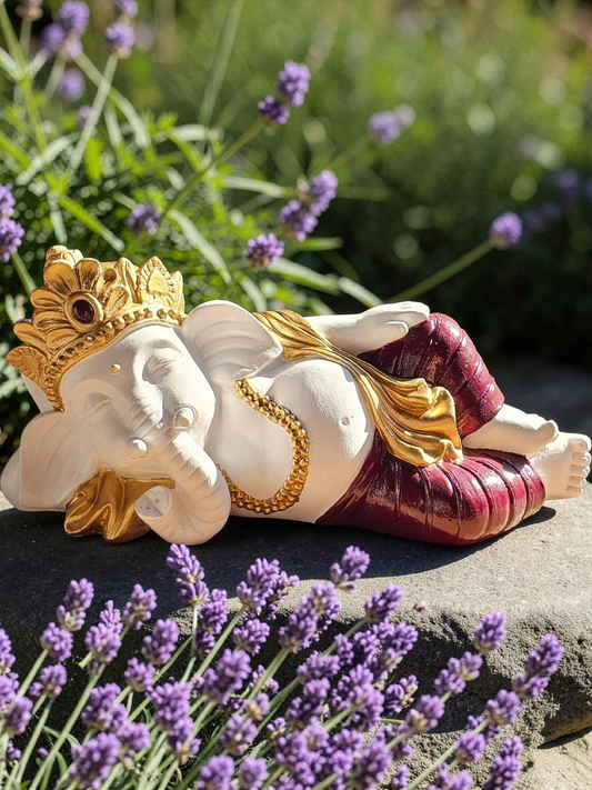 Laying Down Ganesha - White / Maroon / Gold