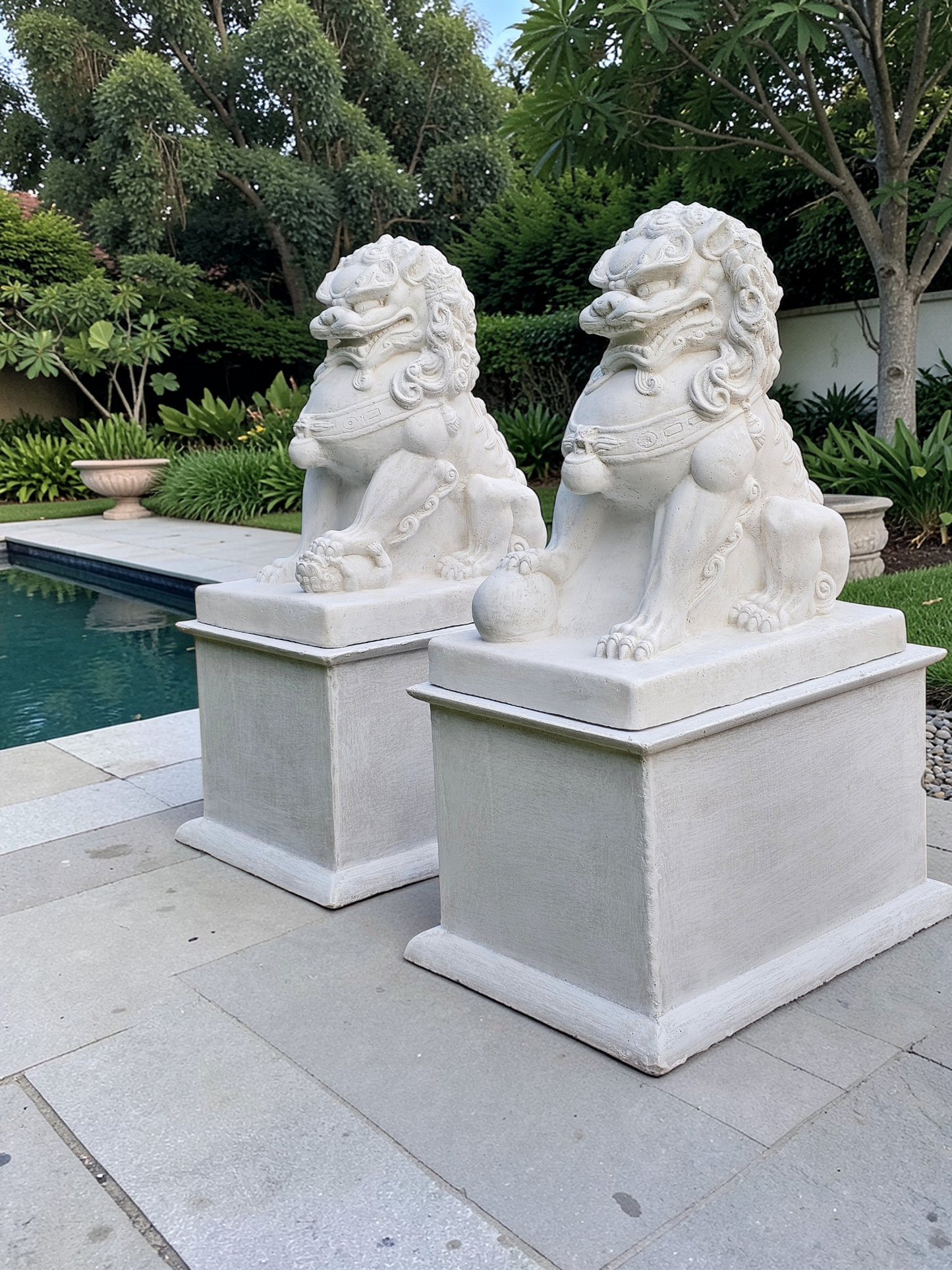 Concrete Foo Dogs 56cm + Pillars (Pair)