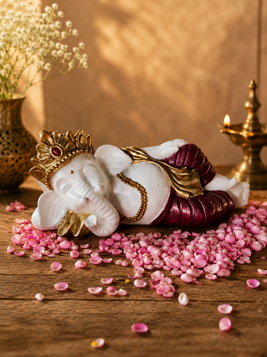 Laying Down Ganesha - White / Maroon / Gold