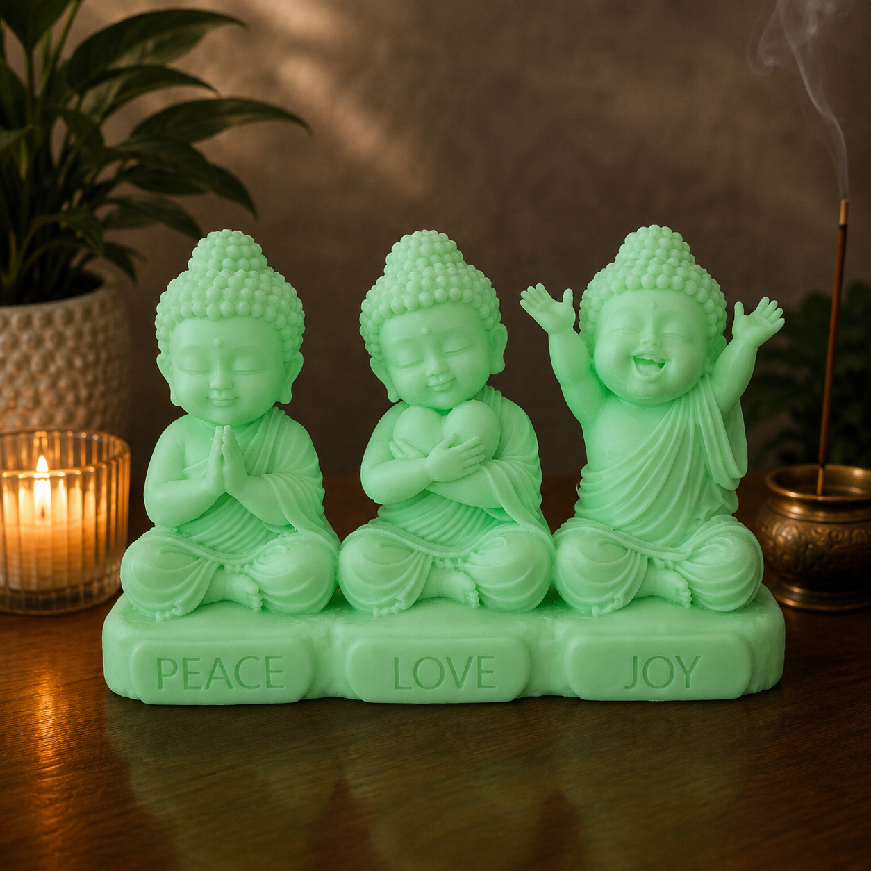 Glow In The Dark Baby Buddha's - Peace,Love,Joy 10cm