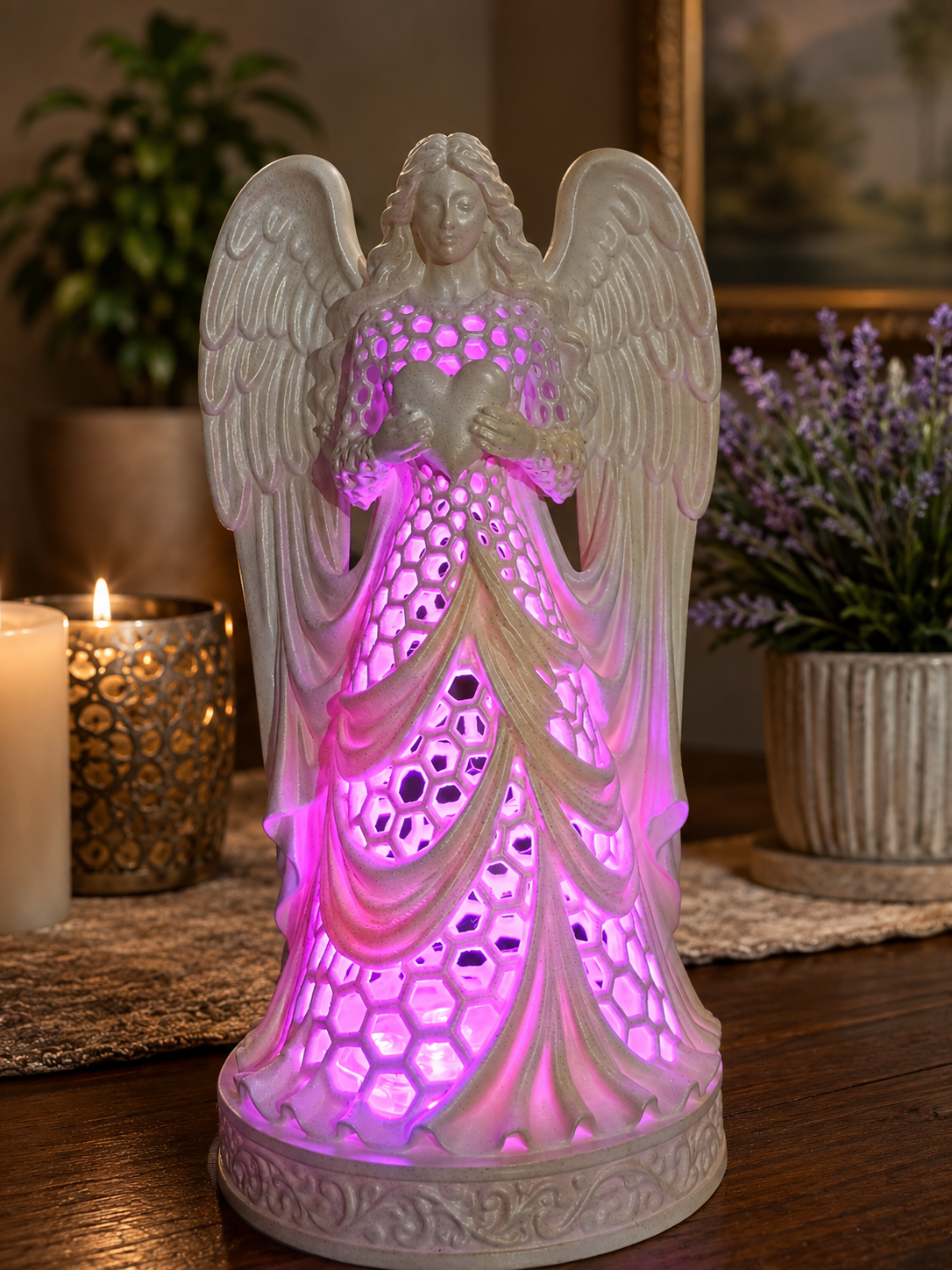 25cm Angel Holding a Heart Voronoi Style With LED Light