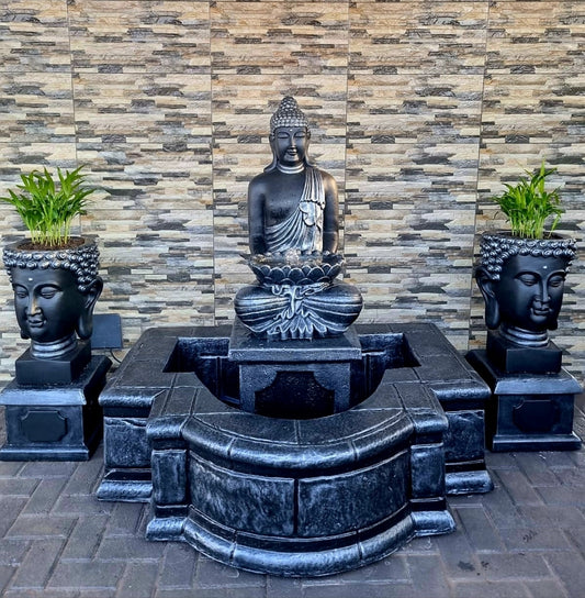 Concrete 90cm Buddha with Pond Water Feature + Buddha Head Planters